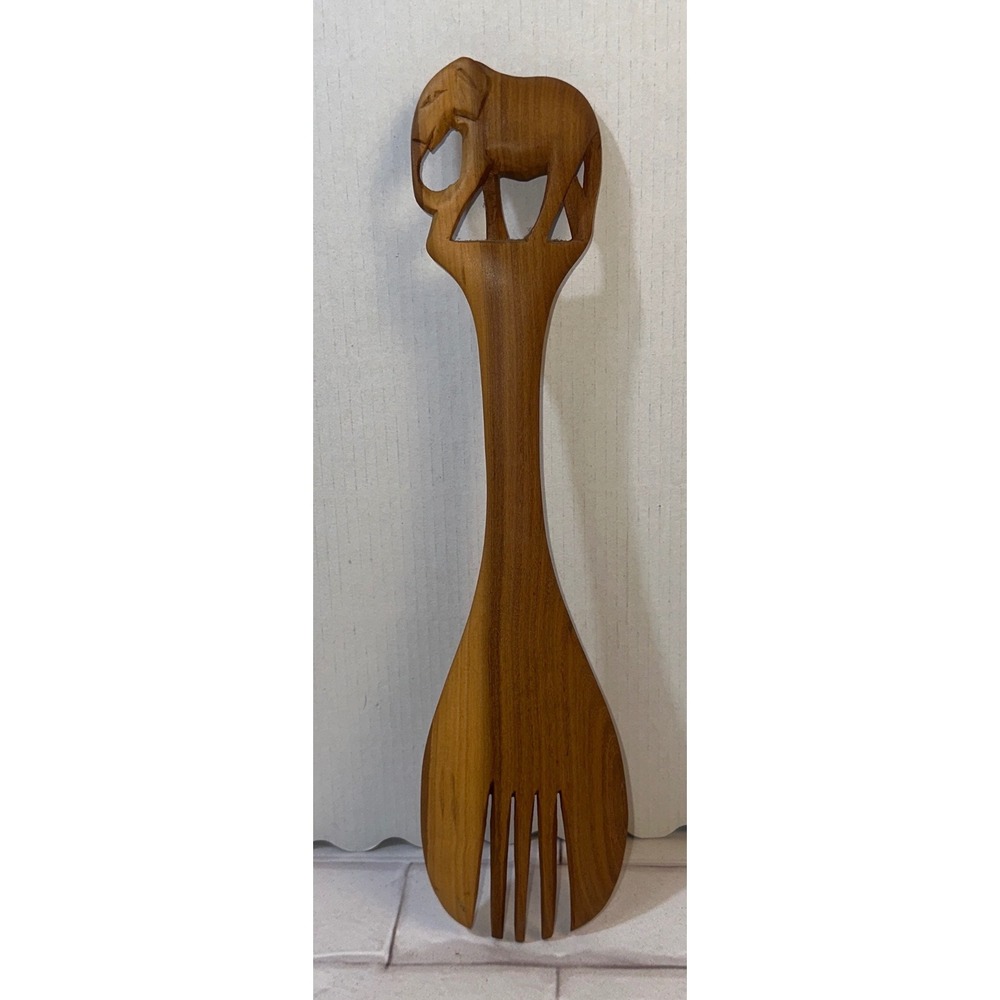 Hand Carved Wooden Elephant Serving Fork Brown African Folk Art Kitchen Decor - Picture 2 of 2